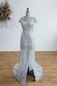 colorful sequins off the shoulder slit fit and flare birthday dress