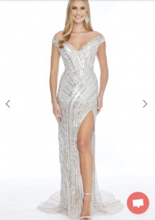 silver glitter off the shoulder slit long dress