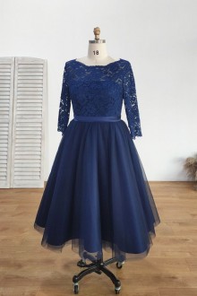 Navy Great Tea Length Lace Tulle Custom Wedding Dress 2021