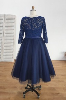 Navy Lace Tulle Great Tea Length Custom Wedding Dress 2021