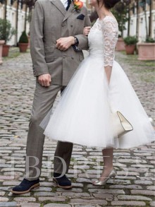 white lace tulle tea length wedding dress picture inspiration