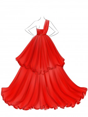 red one shoulder ruffled organza prom dress sketch