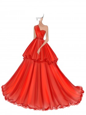 red sweetheart neck one shoulder ruffled organza prom dress sketch