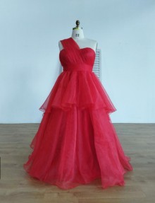red tiered evening gown