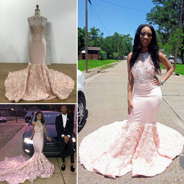 sequin lace appliqued 3D rose pink mermaid prom dress