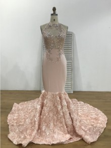 sequin lace appliqued 3D rose pink prom dress