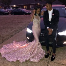 sequin lace appliqued see through bodice 3D rose mermaid prom dress