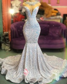 silver and blue mixed sequin dress
