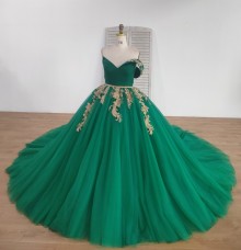 Lunss custom made green wedding dress with gold appliques