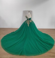 biggest long train green ball gown