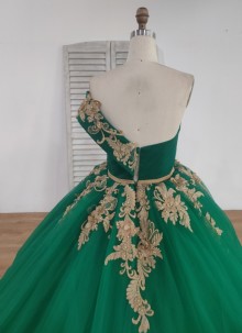 gold appliqued green custom made ball gown