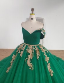 gold lace appliqued green unique wedding dress