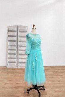 Lunss custom tea length prom dress with sheer sleeves