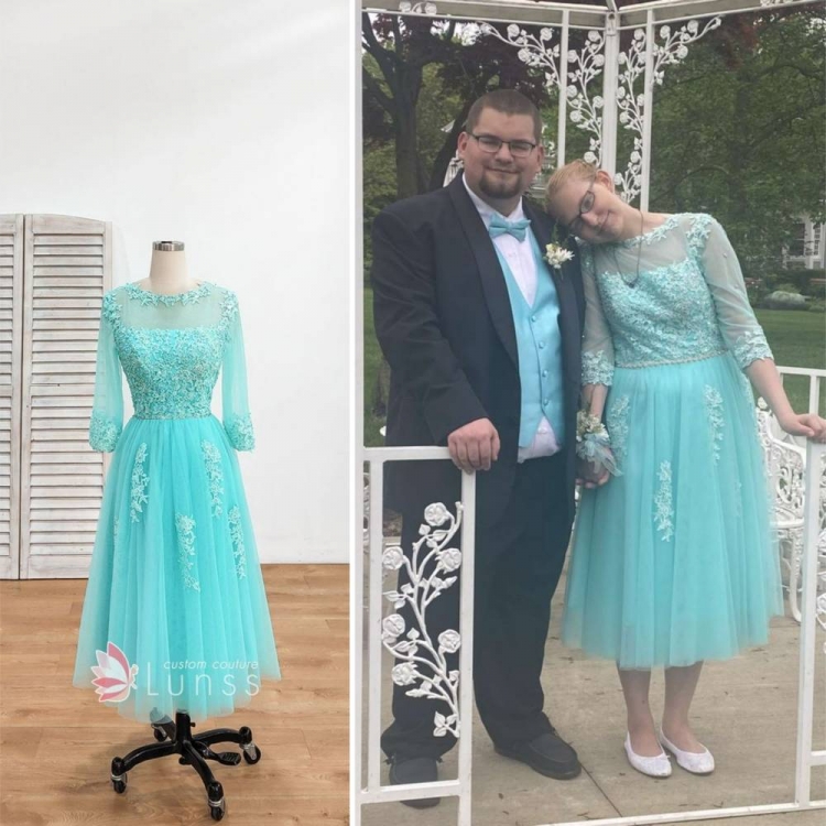 custom light blue sheer sleeve tea length prom dress