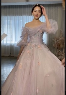 off the shoulder flowers tulle wedding gown