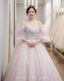 off the shoulder tulle flowers bridal gown