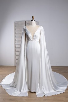 custom made sleek satin wedding dress with detachable cape