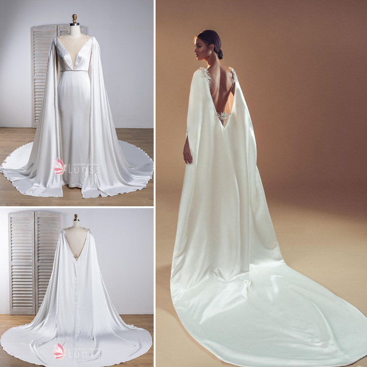 sleek satin wedding dress with detachable cape