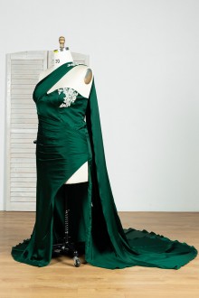 dark green satin one shoulder caped tailored dress