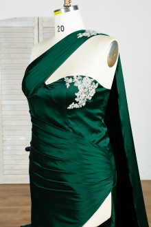 dark green satin one shoulder tailored dress