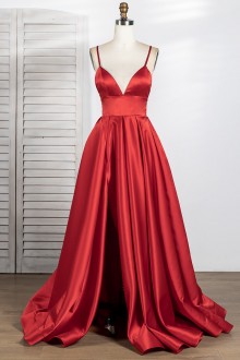 sexy red satin prom dress with a thigh high slit