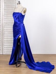 Lunss custom made royal blue color silky satin gown