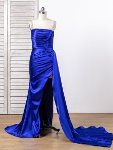 Lunss custom made royal blue color silky satin gown with leg slit and train