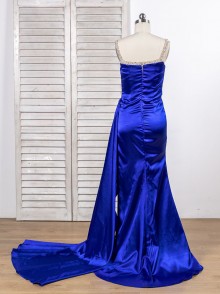 custom made royal blue color silky satin gown with train