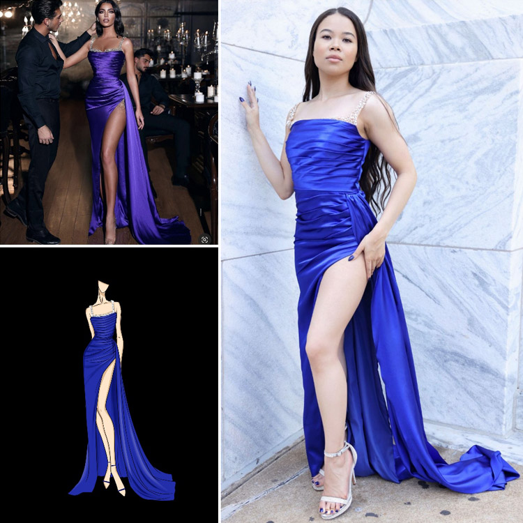 royal blue color silky satin gown with leg slit and train