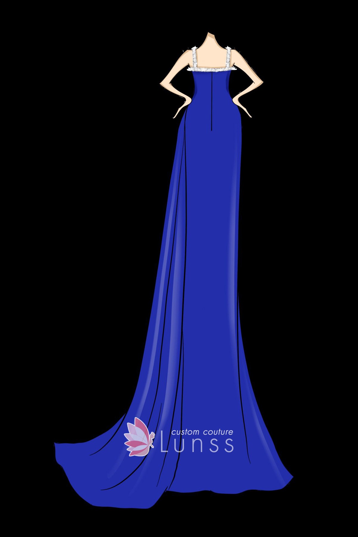 Royal Blue Color Silky Satin Gown with Leg Slit and Train - Lunss