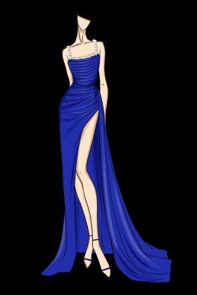 sketch of royal blue satin slit prom dress