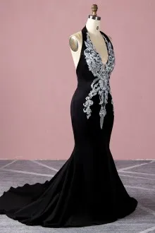 halter V neck black mermaid dance dress