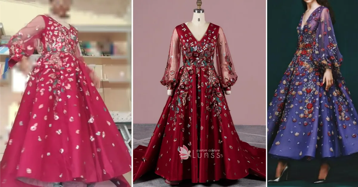 sequinned flower fabric custom wedding dress