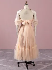 lace up back tea length blush tulle dress