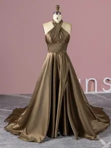 Lunss tan satin split dress