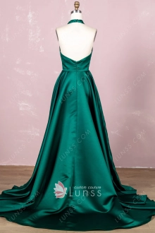 dark green satin halter low back long prom dress