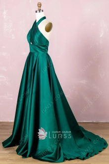 ruched dark green satin split prom dress