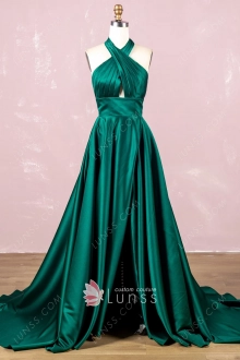 ruched dark green satin split simple long prom dress