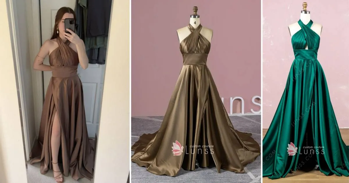tan color satin split dress with a longer midsection