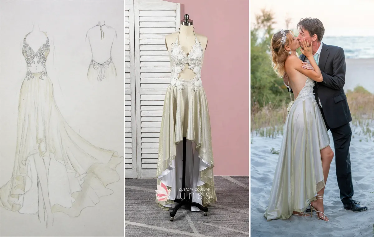 shimmering golden custom made summer wedding dress