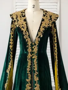 long sleeve green dress with gold embroidery