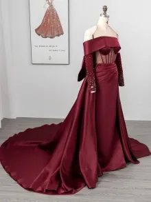 Lunss burgundy satin prom dress