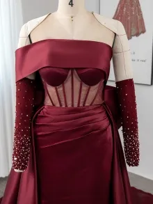 cabernet satin prom dress with gloves
