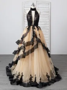Lunss black lace and champagne ruffled tulle prom gown