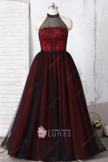 black beaded tulle overlay red underneath cute prom gown