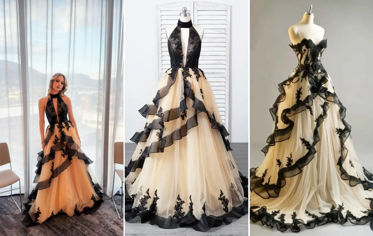 black lace and champagne ruffled tulle prom gown design