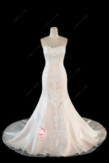 blush mermaid wedding dress with ivory lace overlay