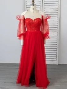 Lunss red tulle wedding dress