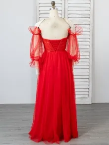 custom made red tulle wedding dress