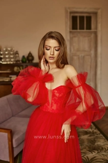 puff sleeve red tulle bridal dress